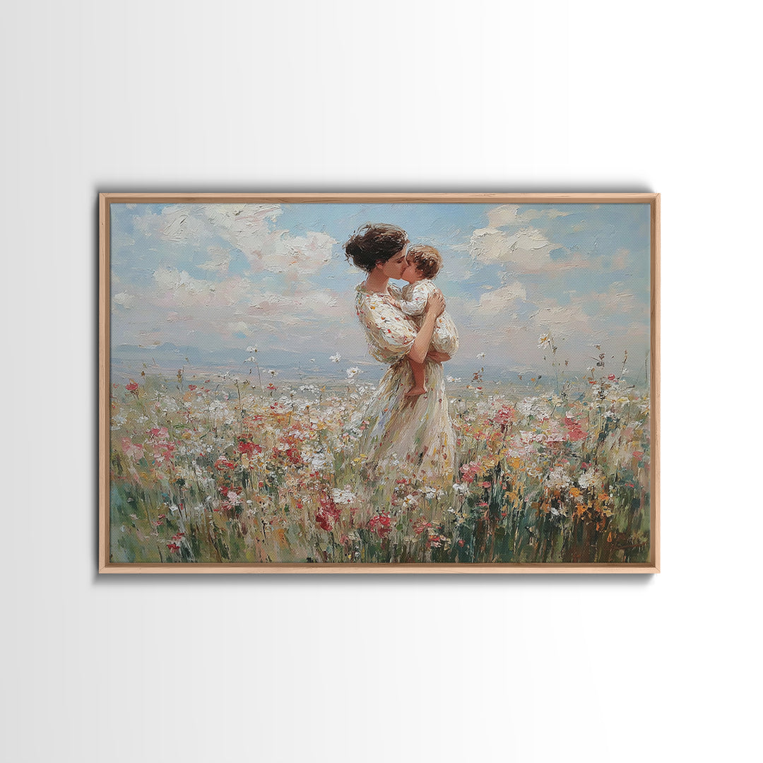 Mother Holding Toddler In Pastel Wildflower Field Framed Canvas Print, Floral Wall Art, Nursery Decor, Mothers Day Gift, Gift For Her