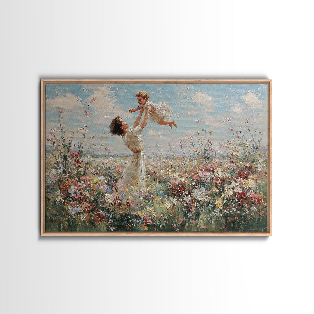 Mother Lifting Child In Wildflower Meadow Wall Art, Impressionist Floral Landscape, Nursery Decor, Gift For Mom, Canvas Print