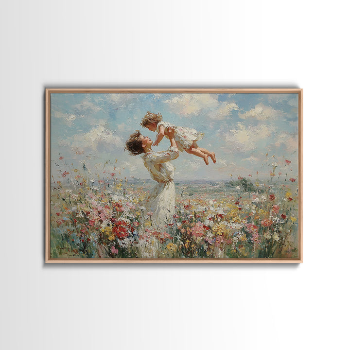 Mother Holding Child Over Blooming Meadow Wall Art, Impressionist Floral Landscape Canvas Print, Nursery Decor, Gift For Mom