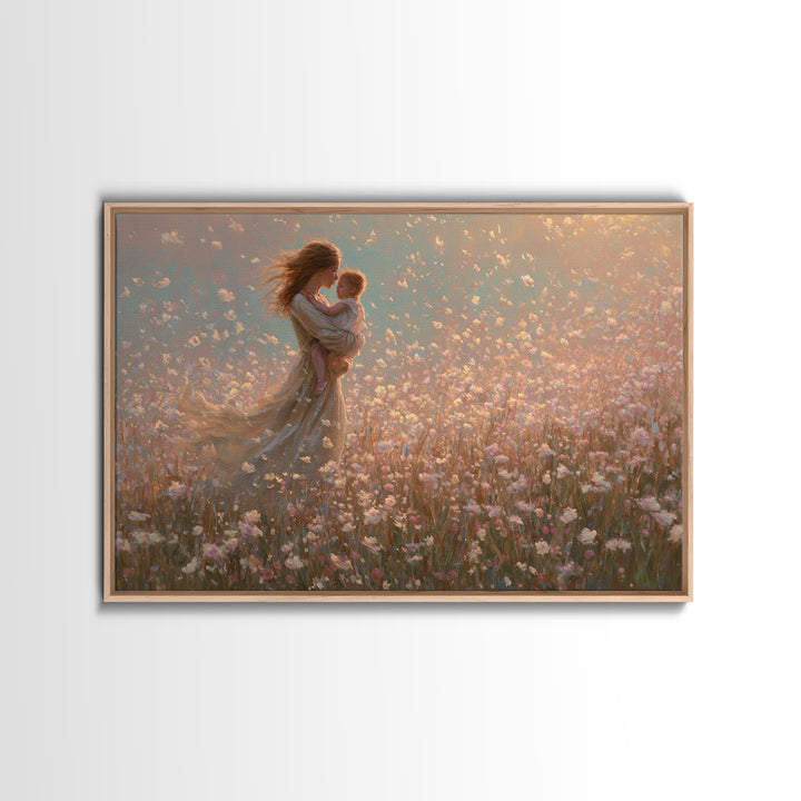 Mother Holding Baby In Pink Wildflower Field Wall Art, Romantic Impressionist Canvas Print, Nursery Decor, Gift For Mom, Feminine Art