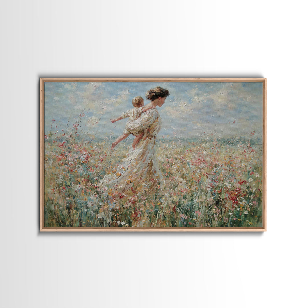Mother Carrying Child Across Breezy Wildflower Field Wall Art, Impressionist Floral Landscape Canvas Print, Gift For Mom