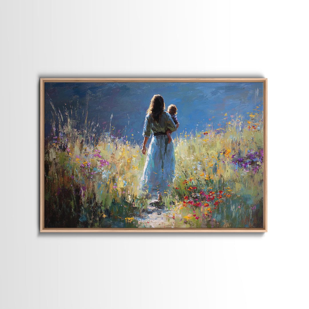 Mother And Child On Wildflower Path Wall Art, Impressionist Oil Painting Print, Feminine Nursery Decor, Gift For Mom, Living Room Decor