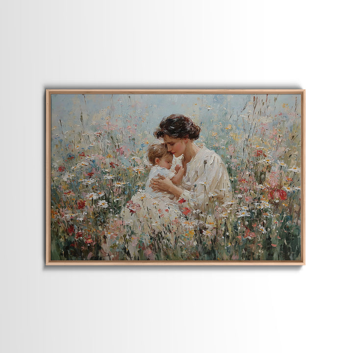 Seated Mother Cuddling Baby In Flower Field Wall Art, Impressionist Oil Painting Print, Feminine Nursery Decor, Gift For Mom