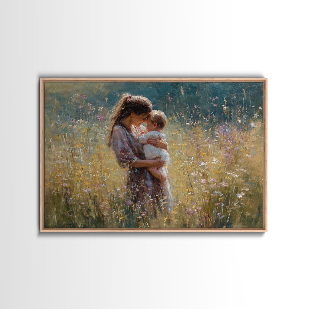 Sunlit Mother Holding Baby In Golden Meadow Framed Canvas Print, Impressionist Floral Painting, Nursery Wall Art, Gift For Her