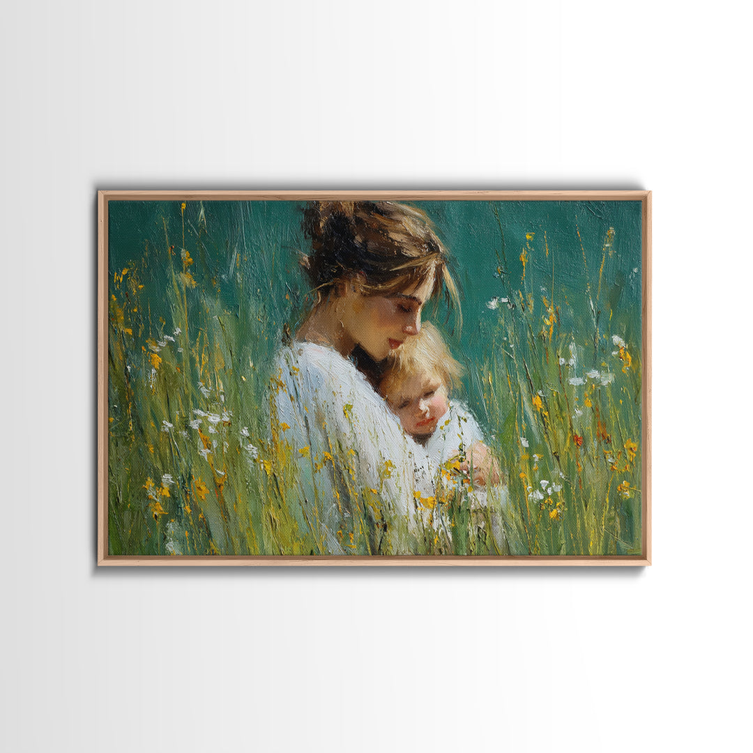 Tender Mother And Child Portrait In Green Meadow Wall Art, Impressionist Oil Painting, Feminine Nursery Decor, Gift For Mom