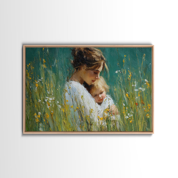 Tender Mother And Child Portrait In Green Meadow Wall Art, Impressionist Oil Painting, Feminine Nursery Decor, Gift For Mom