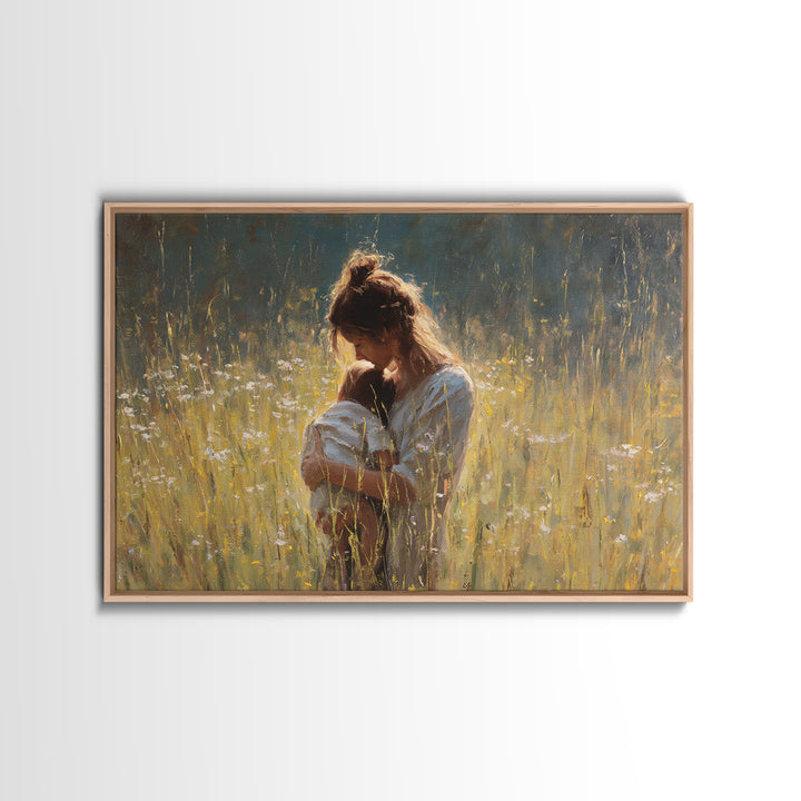 Backlit Mother Nursing Baby In Golden Grass Wall Art, Moody Impressionist Oil Painting Print, Feminine Bedroom Decor, Gift For Mom