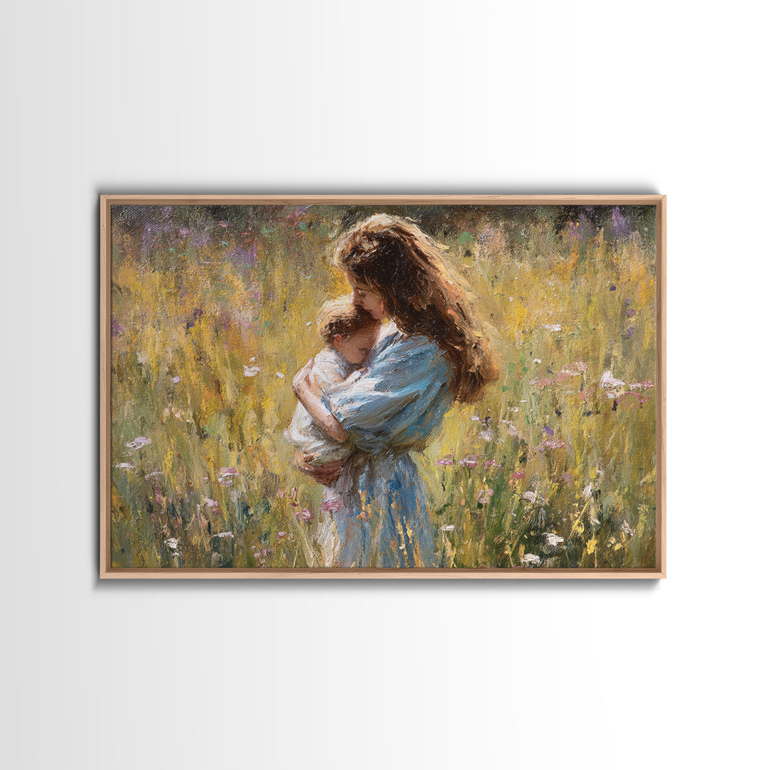 Long Haired Mother Cradling Baby In Wildflower Field Canvas Print, Impressionist Oil Painting, Feminine Wall Decor, Gift For Her