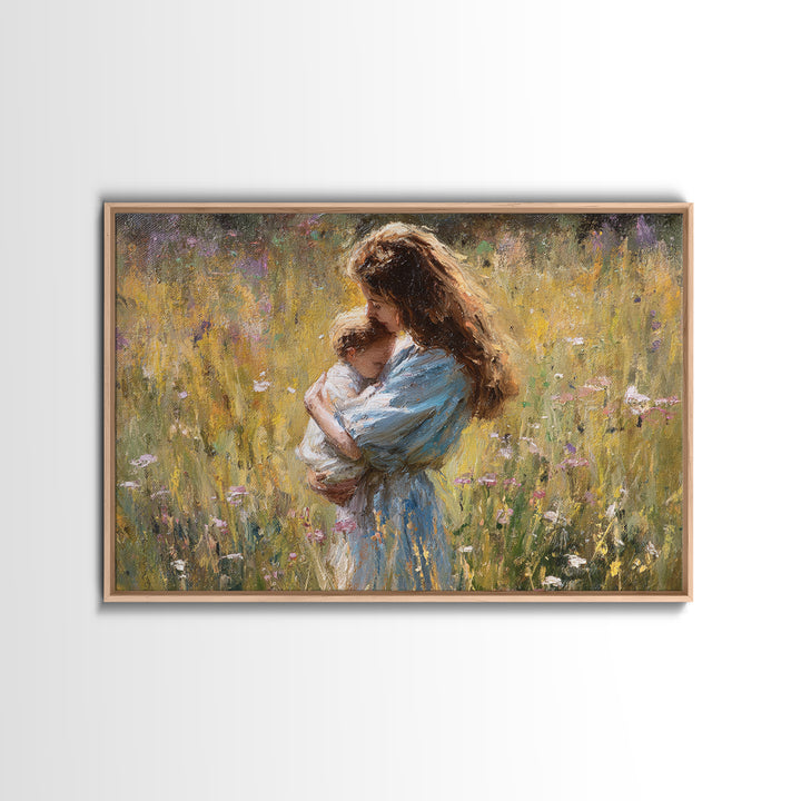 Long Haired Mother Cradling Baby In Wildflower Field Canvas Print, Impressionist Oil Painting, Feminine Wall Decor, Gift For Her