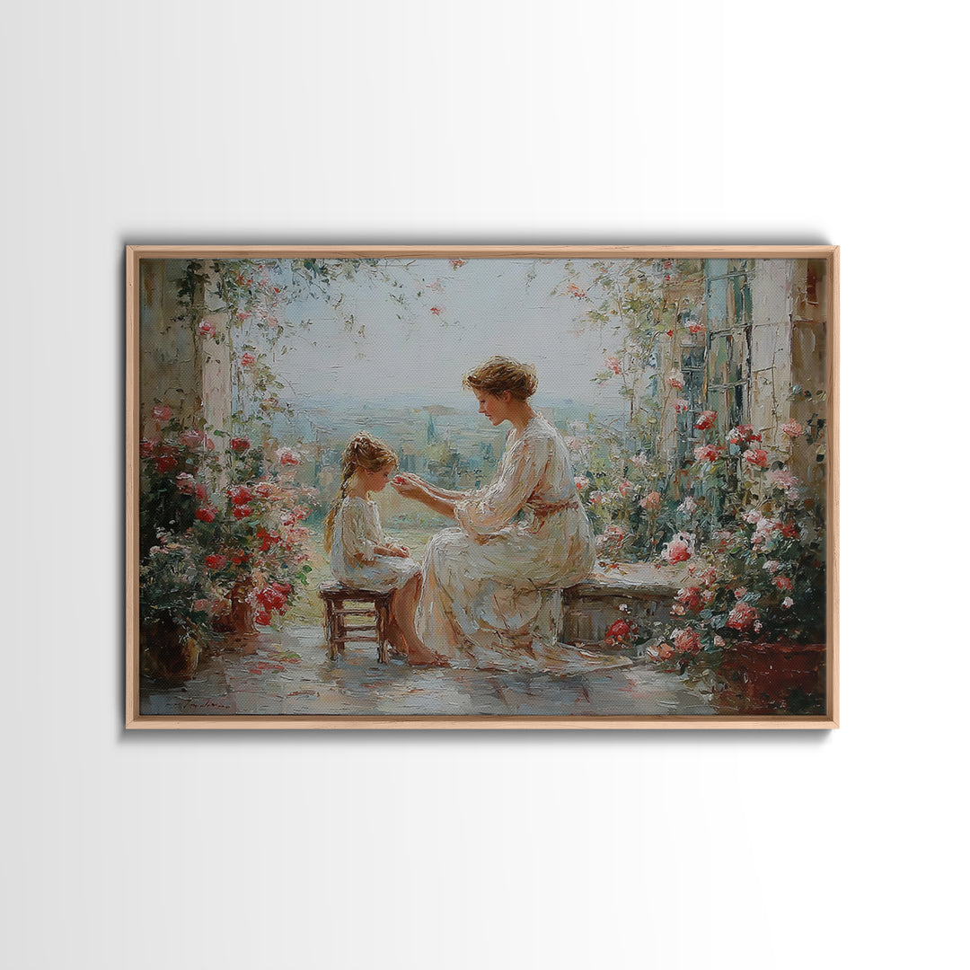Mother And Daughter Garden Terrace Wall Art, Floral Impressionist Canvas, Nursery Decor, Gift For Mom, Bedroom Wall Decor
