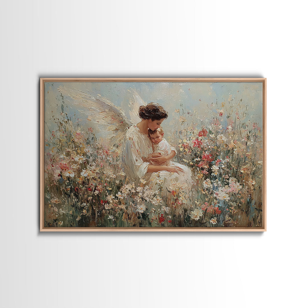 Guardian Angel Holding Baby Framed Canvas Print, Floral Meadow Wall Art, Christian Nursery Decor, Baptism Gift For Mom, Newborn Gift