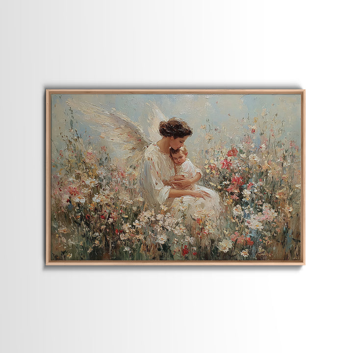 Guardian Angel Holding Baby Framed Canvas Print, Floral Meadow Wall Art, Christian Nursery Decor, Baptism Gift For Mom, Newborn Gift