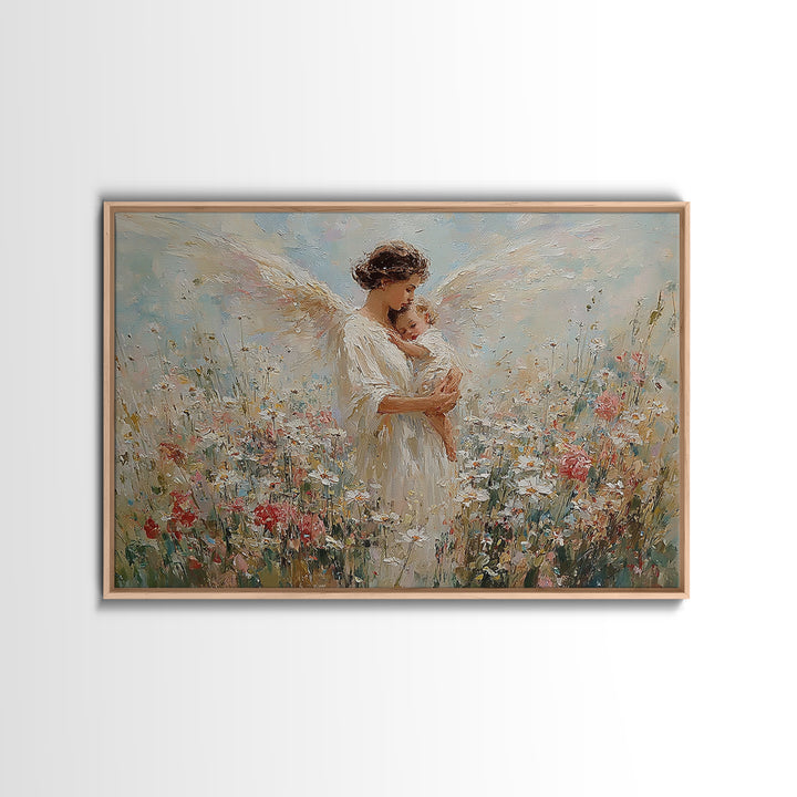 Angel Mother And Baby Wildflower Canvas Print, Christian Wall Art, Floral Nursery Decor, Baptism Gift, Peaceful Home Decor