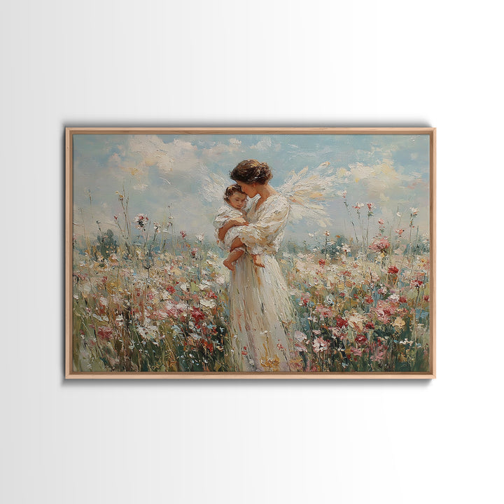 White Angel Holding Child Wall Art, Floral Meadow Canvas, Christian Nursery Decor, Baptism Gift, Guardian Angel Print For Baby Room