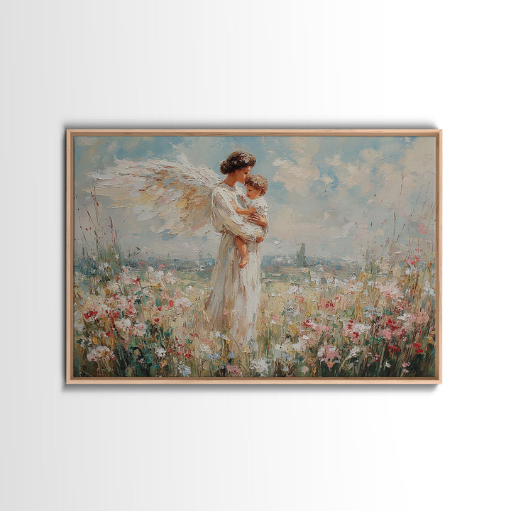 Angel And Child Floral Meadow Framed Canvas Print, Christian Wall Art, Guardian Angel Nursery Decor, Baptism Gift For Mom