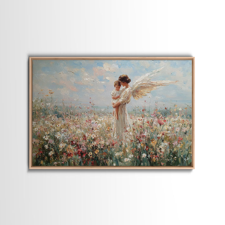 Guardian Angel And Baby Wildflower Wall Art, Christian Canvas Print, Floral Nursery Decor, Baptism Gift, Baby Shower Gift