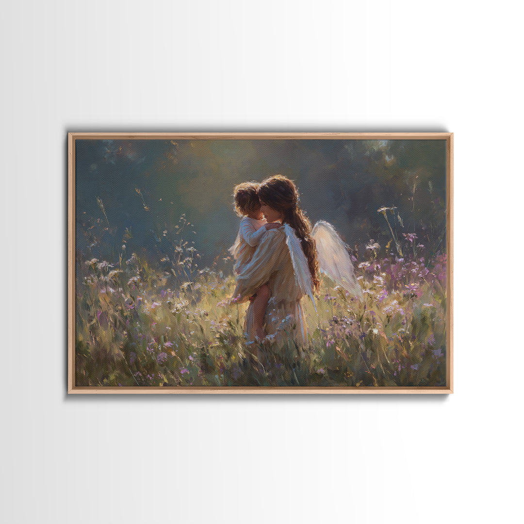 Backlit Angel Mother And Child Wall Art, Moody Wildflower Canvas Print, Christian Nursery Decor, Guardian Angel Gift For Mom