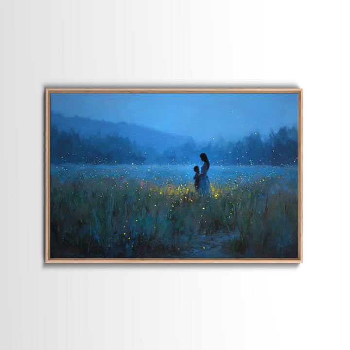 Blue Twilight Mother And Child Firefly Meadow Wall Art, Moody Landscape Canvas Print, Nursery Decor, Gift For Mom, Bedroom Wall Decor