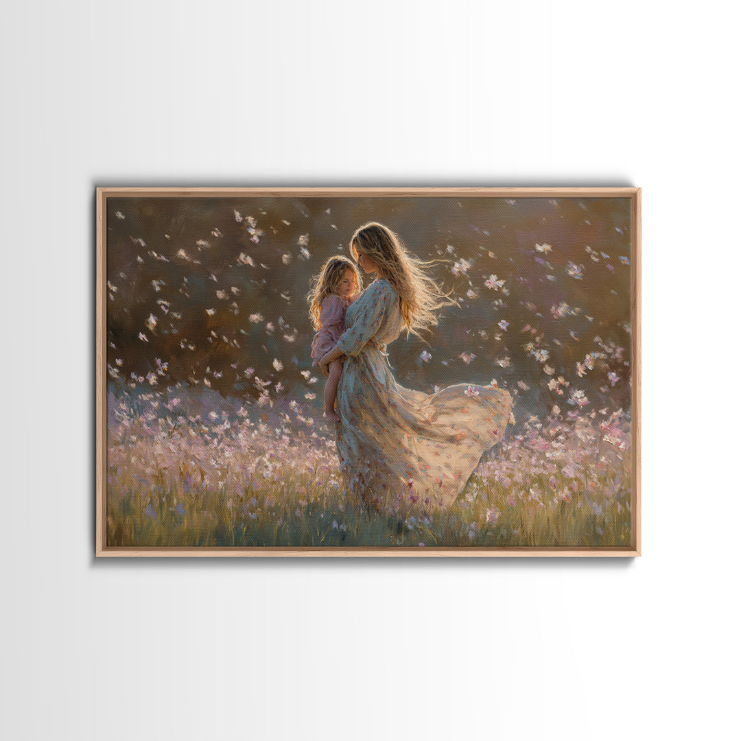 Sunlit Mother And Child Flower Field Canvas Print, Floral Wall Art, Feminine Bedroom Decor, Gift For Mom, Boho Home Decor