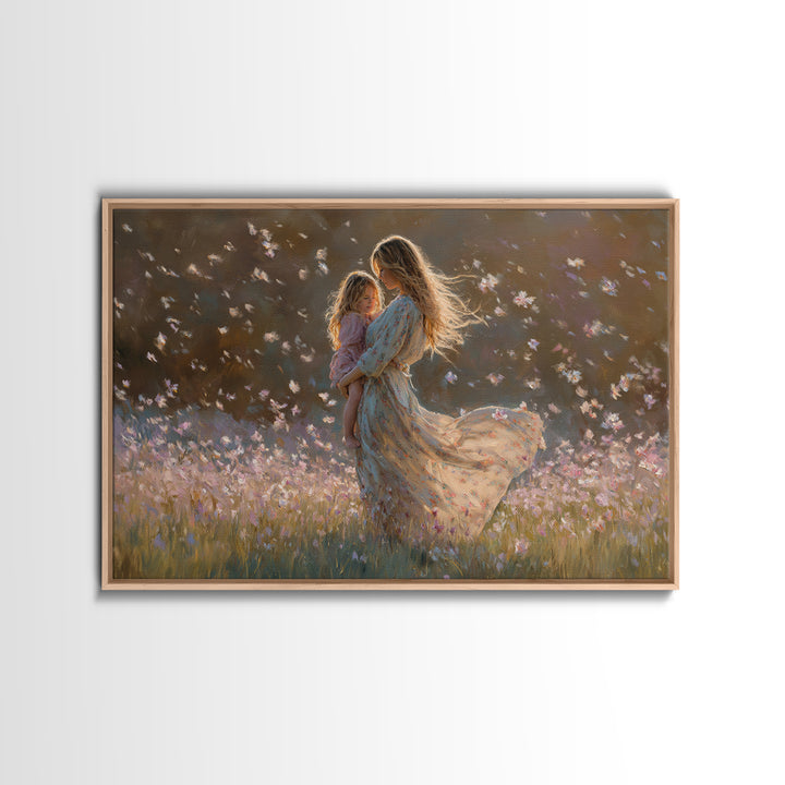 Sunlit Mother And Child Flower Field Canvas Print, Floral Wall Art, Feminine Bedroom Decor, Gift For Mom, Boho Home Decor