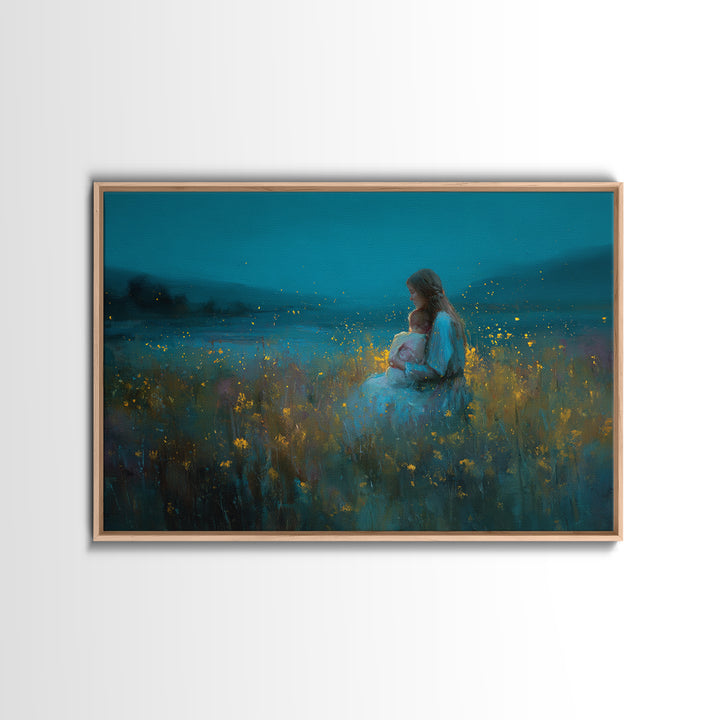 Twilight Mother And Baby In Firefly Meadow Wall Art, Floral Nursery Decor, Motherhood Gift, Living Room Art, Fine Art Print