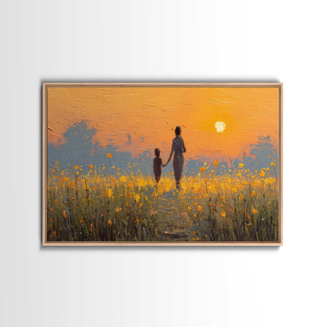 Sunset Silhouette Mother And Child In Yellow Field Wall Art, Warm Landscape Print, Nursery Decor, Above Bed Art, Gift For Her