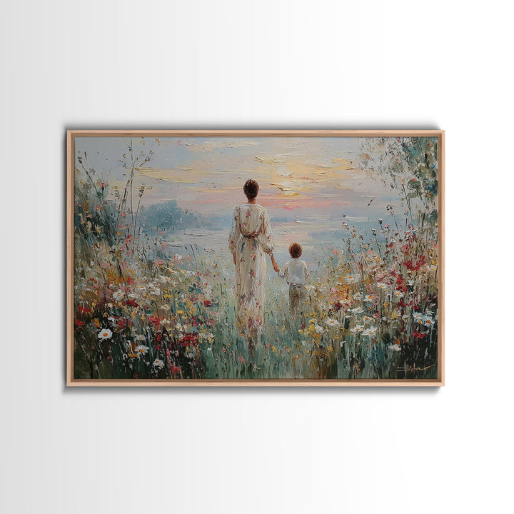 Mother And Child Walking To Lake At Sunset Framed Canvas Print, Wildflower Wall Art, Coastal Decor, Housewarming Gift, Living Room Art