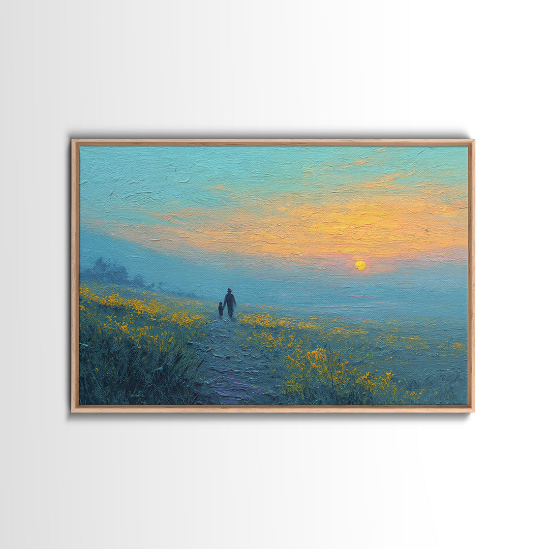 Parent And Child Sunset Path Canvas Print, Blue Yellow Wildflower Meadow Landscape, Calming Wall Art, Gift For Mom, Living Room Decor