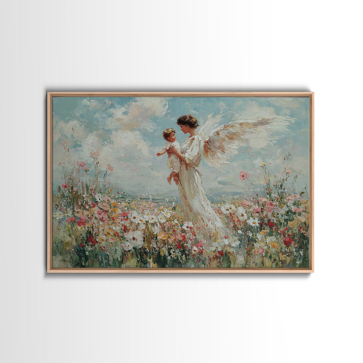 Guardian Angel Holding Child Framed Canvas Print, Heavenly Wildflower Meadow Painting, Christian Wall Art, Nursery Decor Gift