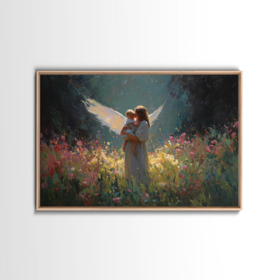 Glowing Guardian Angel And Child Wall Art, Dark Floral Meadow Painting, Christian Nursery Decor, Spiritual Gift For Mom, Home Decor