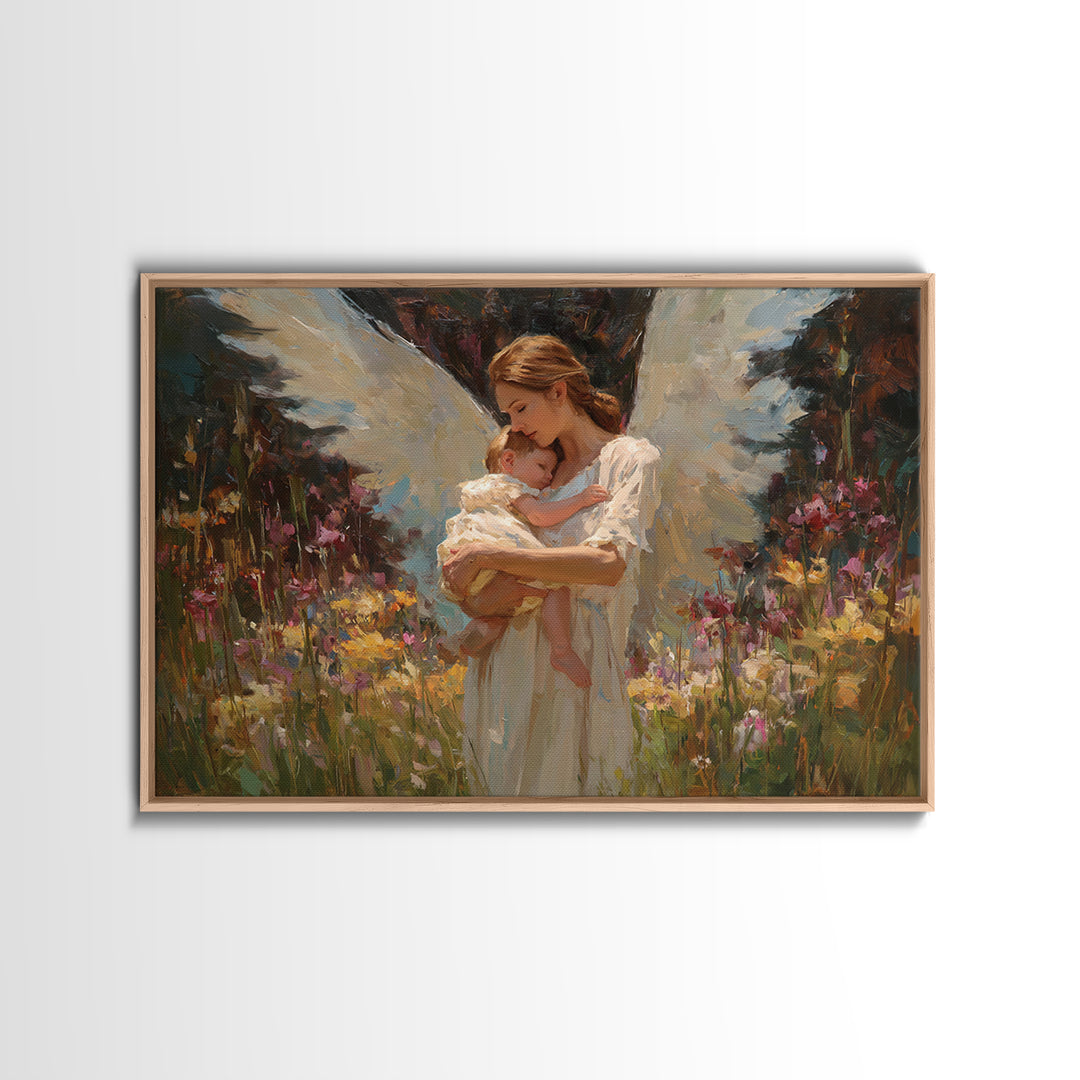 Angel Mother Cradling Baby In Garden Canvas Print, Soft White Wings Floral Painting, Christian Nursery Wall Art, Gift For Mom