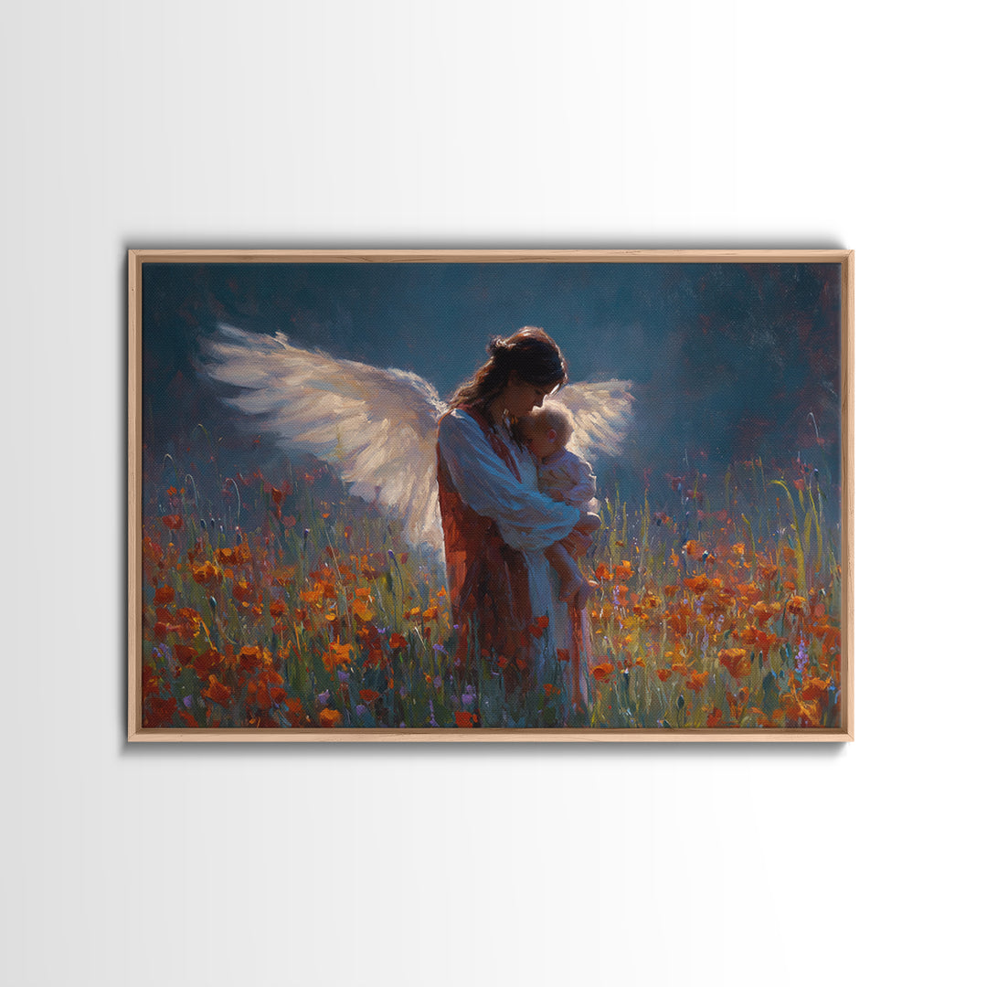 Angel Mother Holding Baby In Poppy Meadow Wall Art, Dark Blue Floral Painting, Christian Nursery Decor, Spiritual Gift For Mom