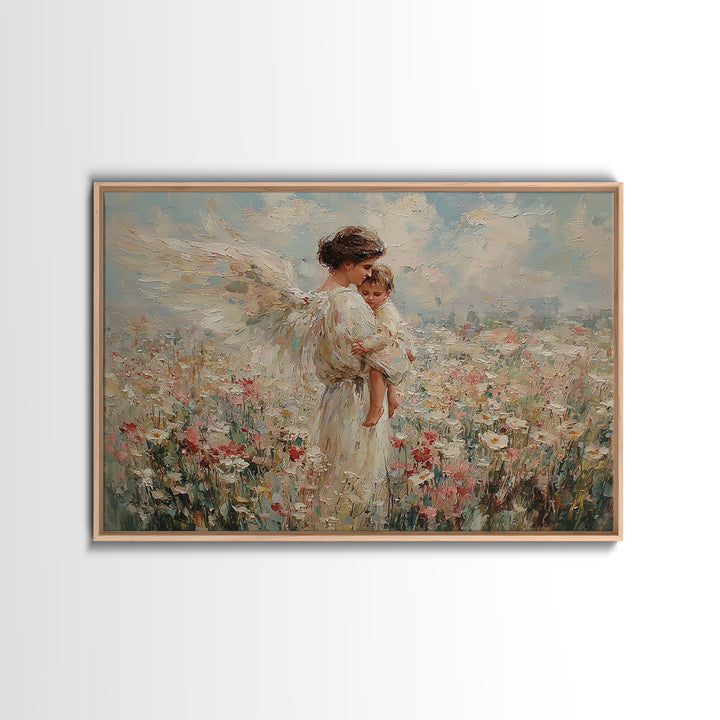 Guardian Angel Mother And Child In Wildflower Meadow Wall Art, Impressionist Oil Painting, Nursery Decor, Gift For Mom, Baby Shower Gift