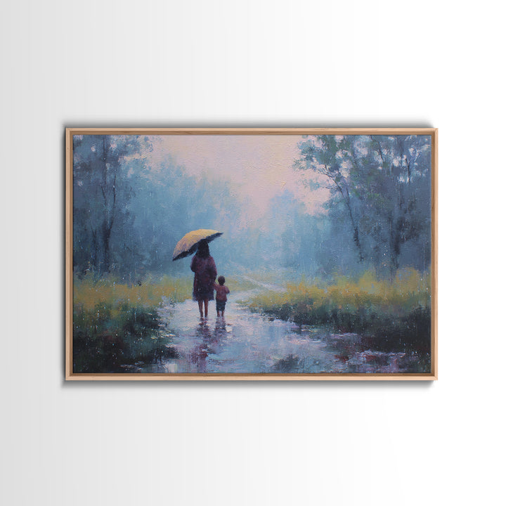 Mother And Child Walking In Rainy Blue Forest Wall Art, Impressionist Landscape Painting, Calming Bedroom Decor, Gift For Her