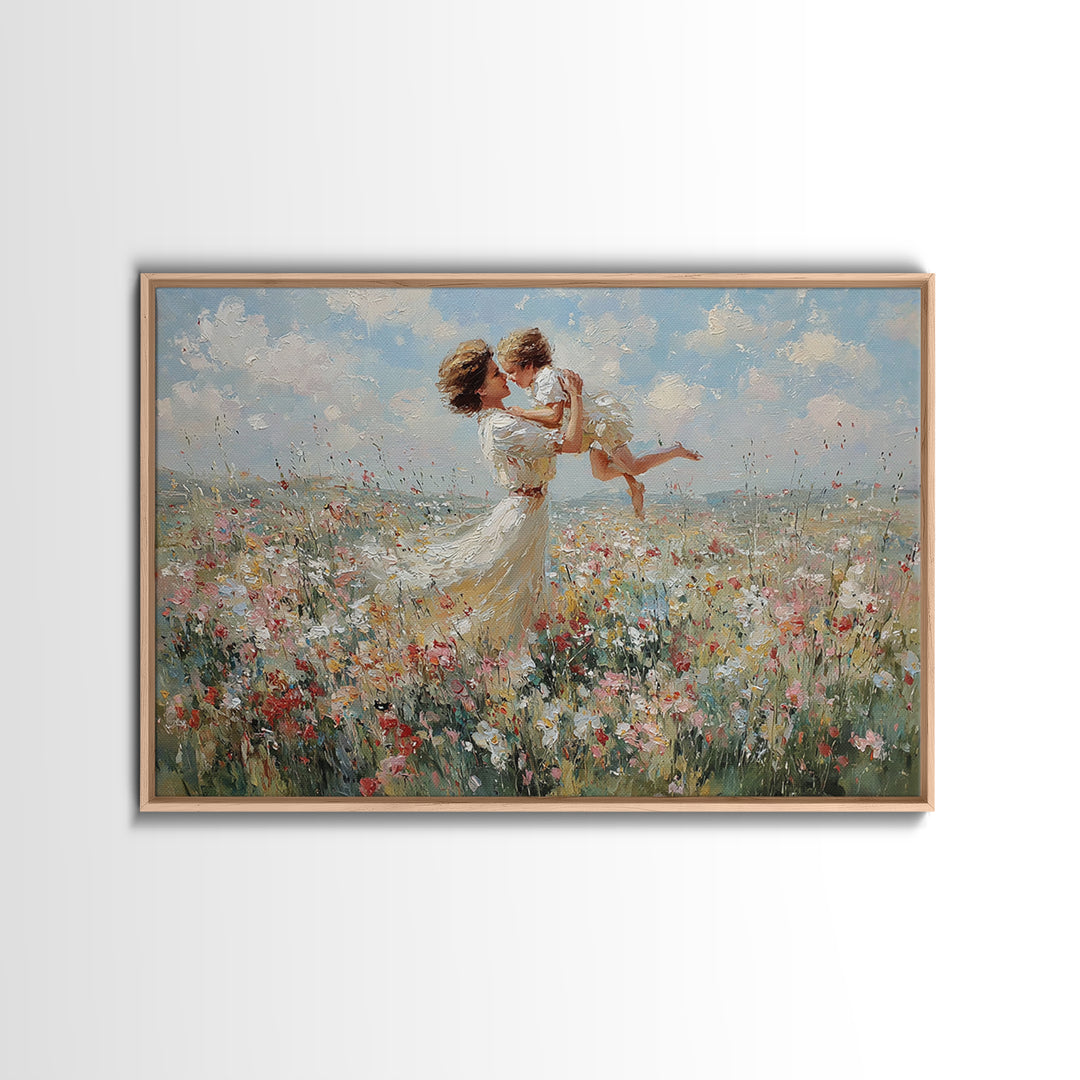 Mother Holding Baby In Breezy White Dress Wall Art, Soft Wildflower Meadow Oil Painting, Feminine Nursery Decor, Gift For Mom