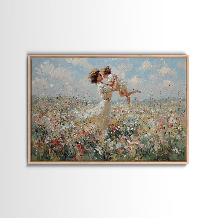 Mother Holding Baby In Breezy White Dress Wall Art, Soft Wildflower Meadow Oil Painting, Feminine Nursery Decor, Gift For Mom