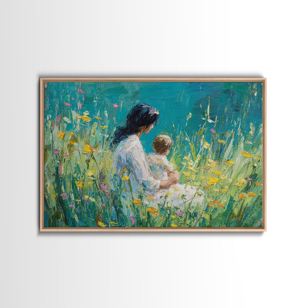Mother Holding Baby In Teal Wildflower Garden Canvas Print, Impressionist Floral Wall Decor, Nursery Art, Living Room Art, Gift For Mom