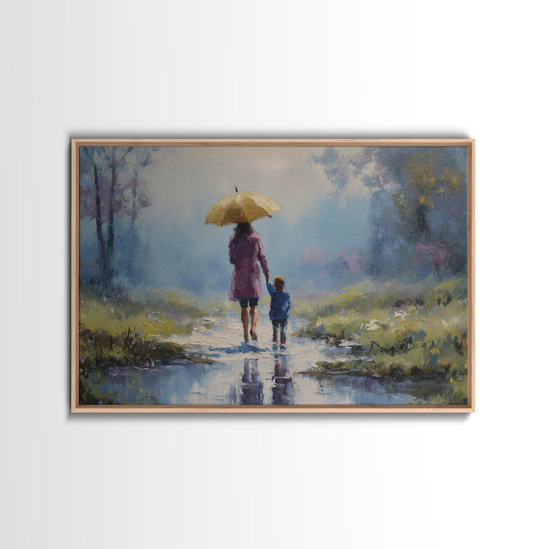 Mother And Child With Yellow Umbrella Rainy Path Canvas Print, Impressionist Landscape Art, Cozy Nursery And Bedroom Decor