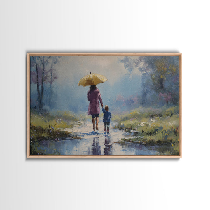 Mother And Child With Yellow Umbrella Rainy Path Canvas Print, Impressionist Landscape Art, Cozy Nursery And Bedroom Decor
