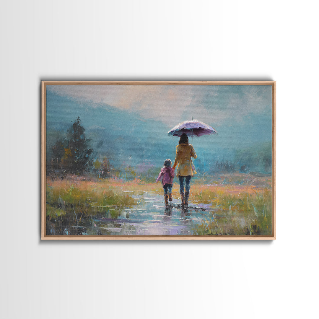 Mother And Child Walking With Umbrella Meadow Wall Art, Misty Mountain Landscape Print, Peaceful Nature Decor, Gift For Mom