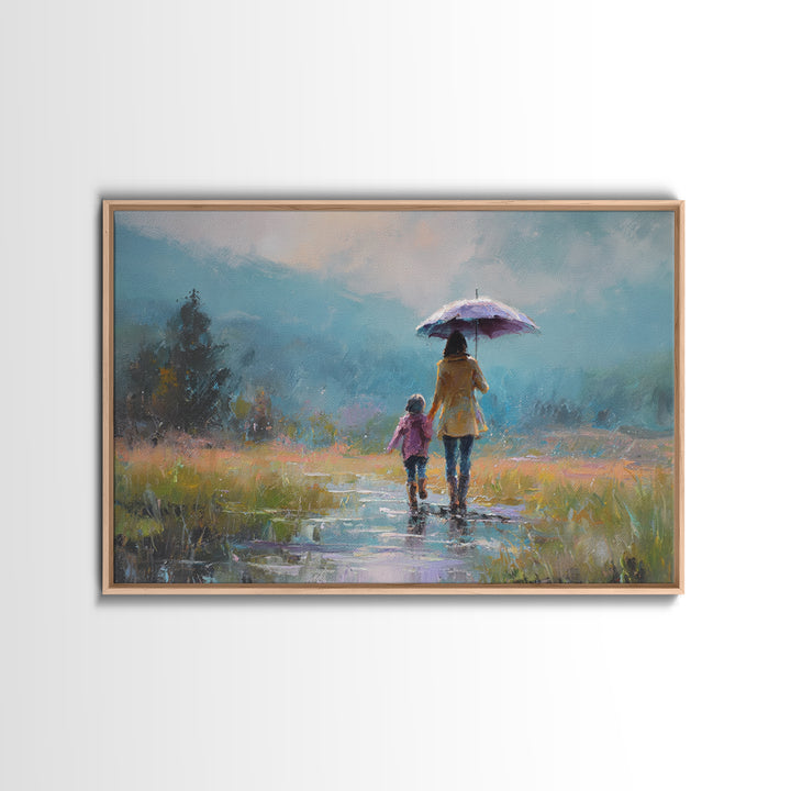 Mother And Child Walking With Umbrella Meadow Wall Art, Misty Mountain Landscape Print, Peaceful Nature Decor, Gift For Mom