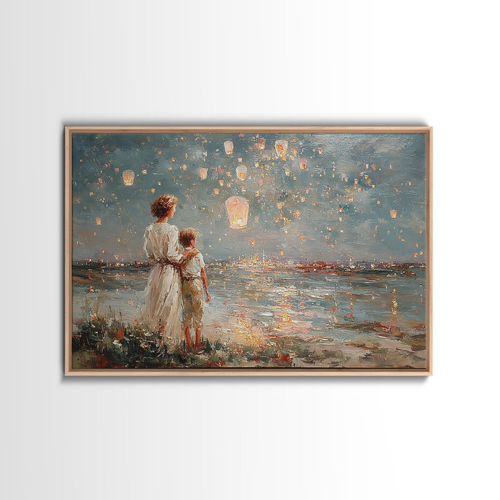 Mother And Son Watching Floating Lanterns Over Water Wall Art, Impressionist Night Lake Print, Romantic Coastal Home Decor