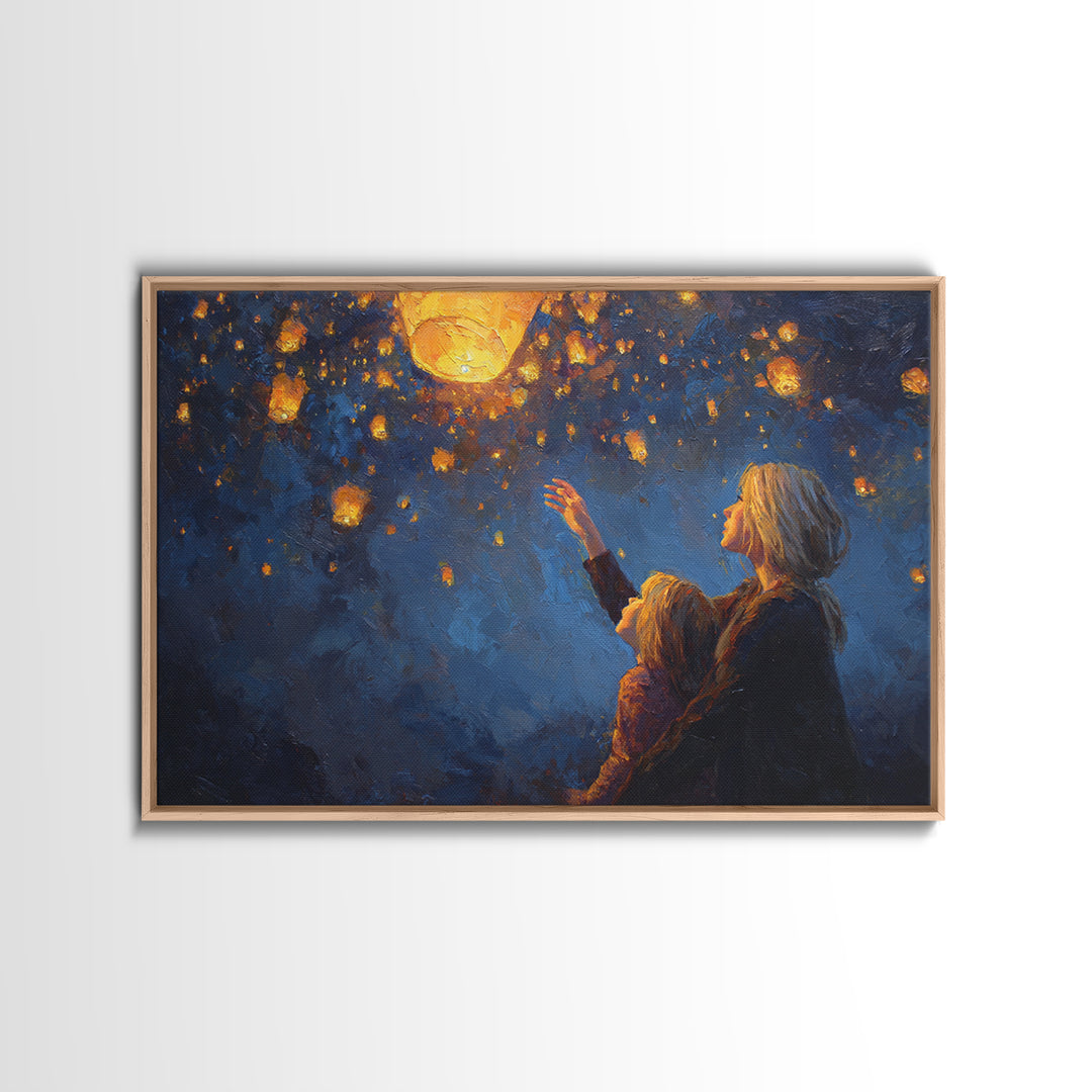 Mother And Child Reaching For Glowing Sky Lantern Canvas Print, Starry Night Wall Art, Celestial Nursery Decor, Gift For Mom