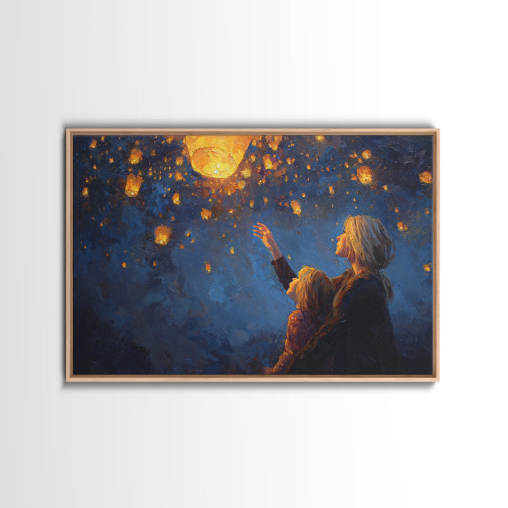 Mother And Child Reaching For Glowing Sky Lantern Canvas Print, Starry Night Wall Art, Celestial Nursery Decor, Gift For Mom
