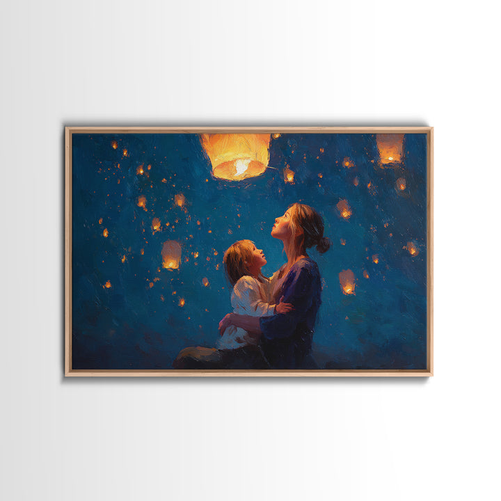 Mother And Child Sky Lanterns At Night Framed Canvas Print, Blue Celestial Wall Art, Nursery Decor, Gift For Mom, Bedroom Decor