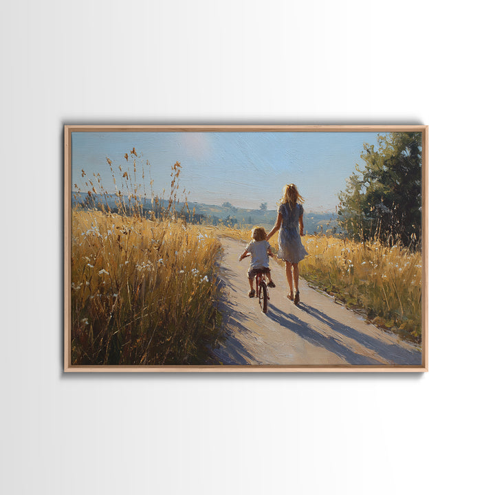 Mother And Child Bike Ride Through Wheat Fields Framed Canvas Print, Summer Landscape Wall Art, Gift For Mom, Home Decor