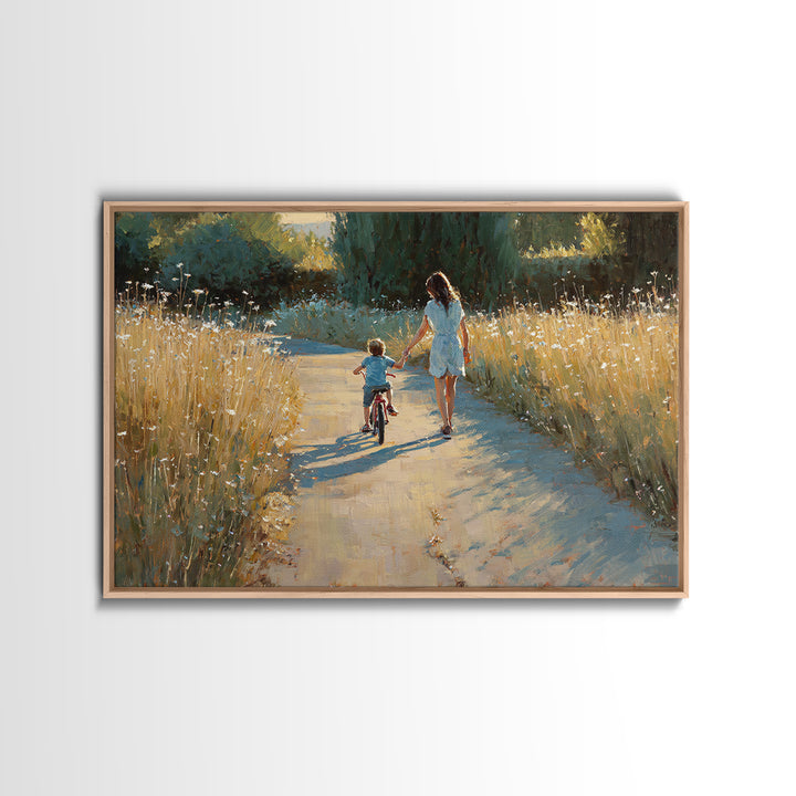 Mother Walking With Child On Bicycle Canvas Print, Golden Meadow Path Wall Art, Rustic Country Decor, Gift For Mom, Home Decor