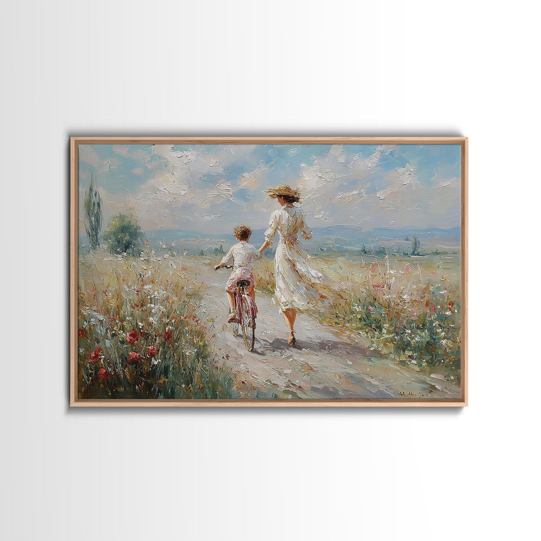 Mother Walking Beside Child On Bicycle Canvas Print, Impressionist Meadow Landscape, Coastal Wall Decor, Gift For Her, Fine Art