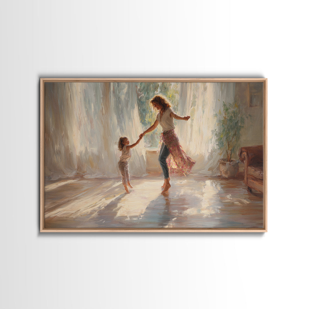 Sunlit Mother And Daughter Dancing Wall Art, Impressionist Family Painting, Feminine Bedroom Decor, Gift For Mom, Home Decor