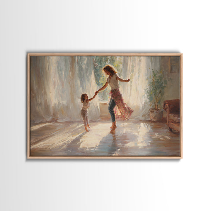 Sunlit Mother And Daughter Dancing Wall Art, Impressionist Family Painting, Feminine Bedroom Decor, Gift For Mom, Home Decor